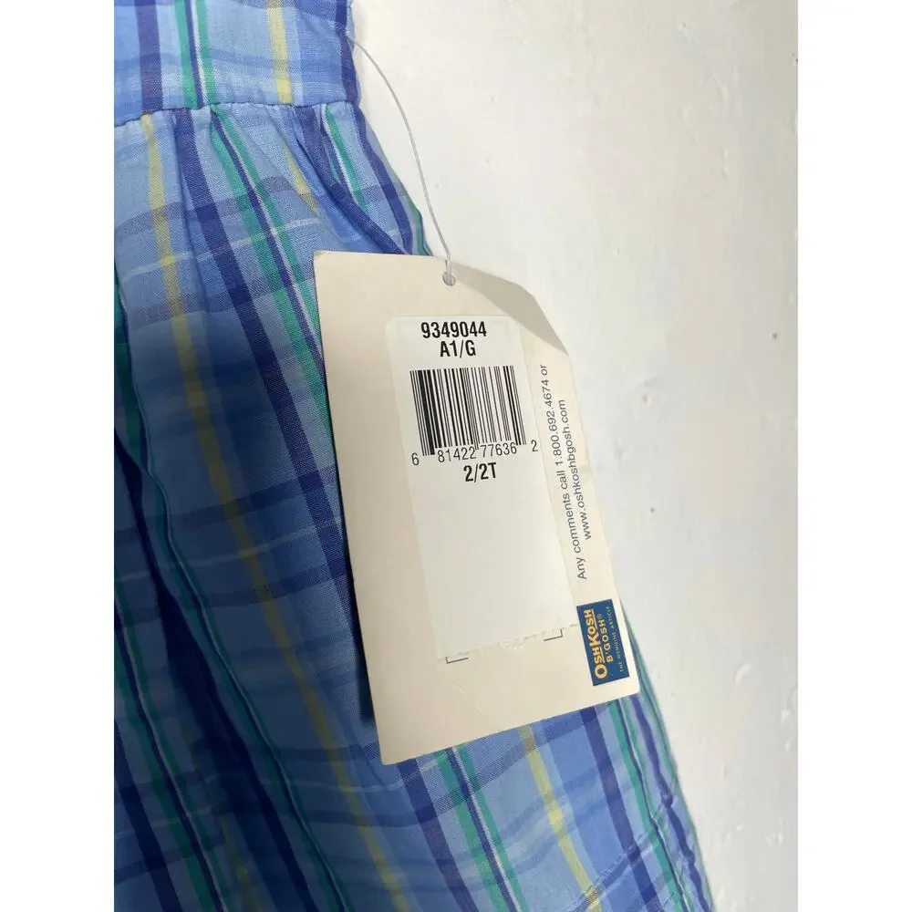 NEW Vintage Osh Kosh Girls Blue Plaid Dress Cotton 2T Sleeveless